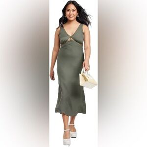 NWT Wild Fable Women's Olive Green Lace Detail Midi Slip Dress w/ Back Zip M